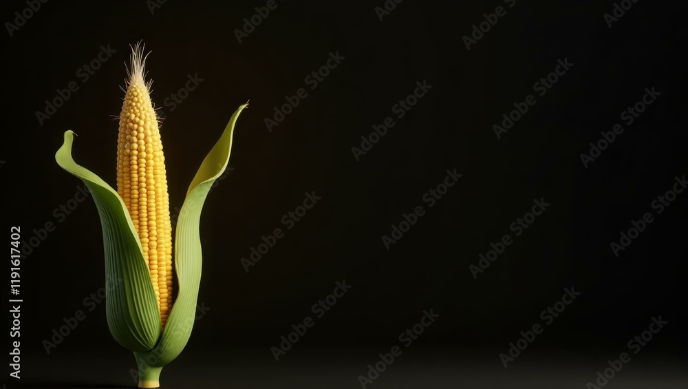Poster canary yellow corn stalk on left. soft yellow background. copy space for text, 3d render ai generate