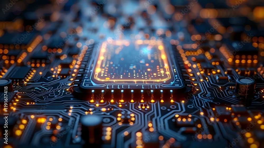 Poster glowing orange and blue computer processor on circuit board with futuristic digital connections, per