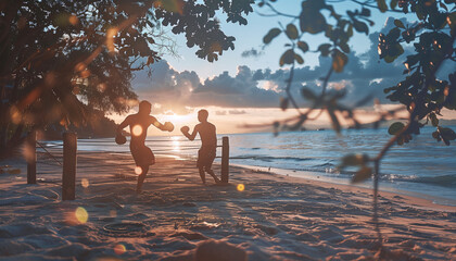 Two Sweaty Boxers Warriors on sunset beach box ring during evening practice. Young fit muscular men in Gloves and shorts sunset outdoor training. Active sporty people hard work concept.