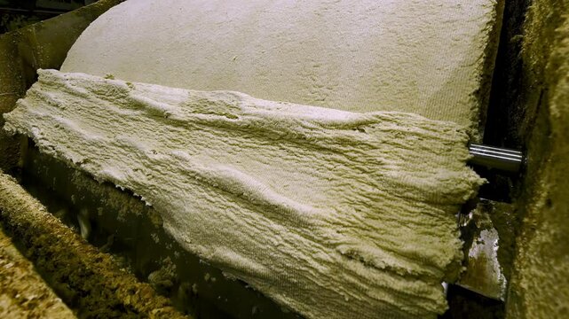 Removing dried cellulose pulp from vacuum drum at factory