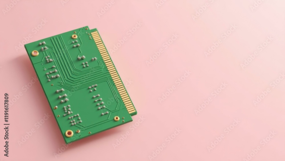 Fototapete green circuit board piece on left. soft red background. copy space for text, 3d render ai generated 