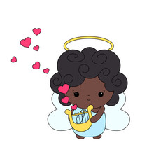 Cartoon angel child with wings and nimbus. Cherub or Cupid Vector illustration. Valentines day angels with hearts