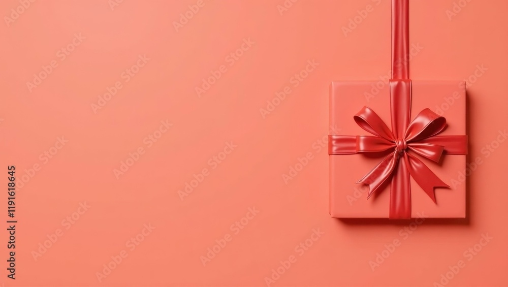 Poster ruby red gift bow on right. soft black background. copy space for text, 3d render ai generated desig