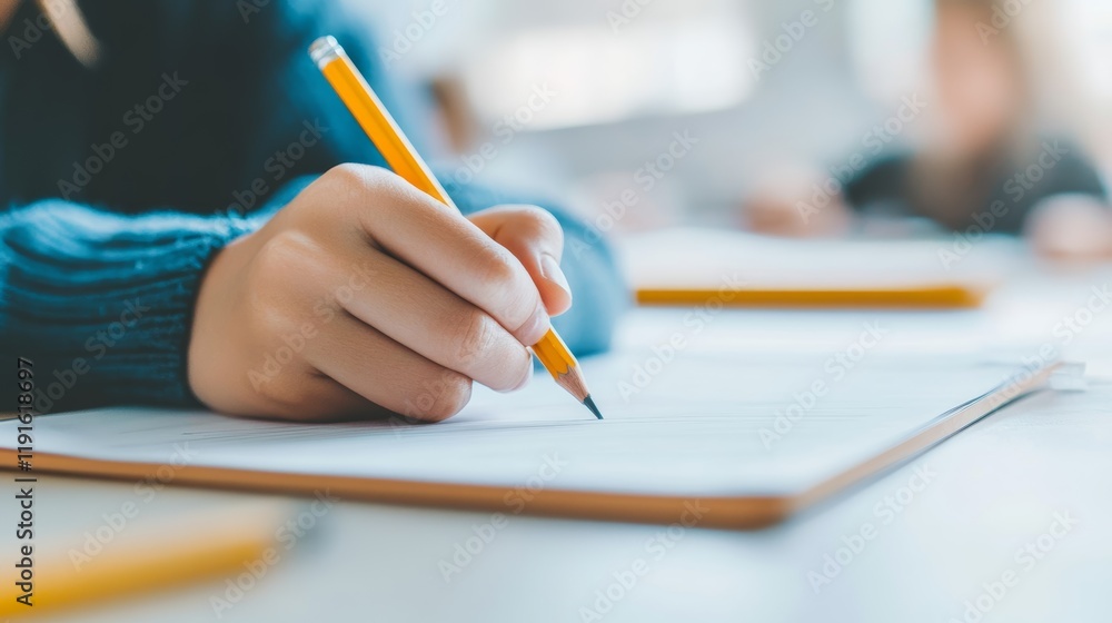 Poster Close up of a student's hand writing notes with a pencil on a notebook during a university lecture, capturing the essence of focused learning and academic engagement in the classroom