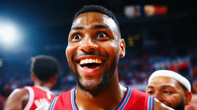 Excited basketball player celebrates victory with teammates in arena