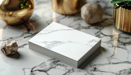 A white card with a black border sits on a marble countertop