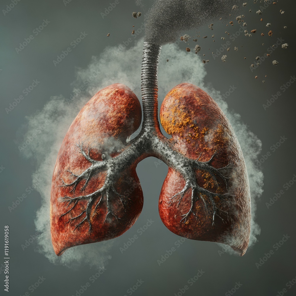 Poster realistic depiction of lungs surrounded by smog and dust particles highlighting air pollution effect