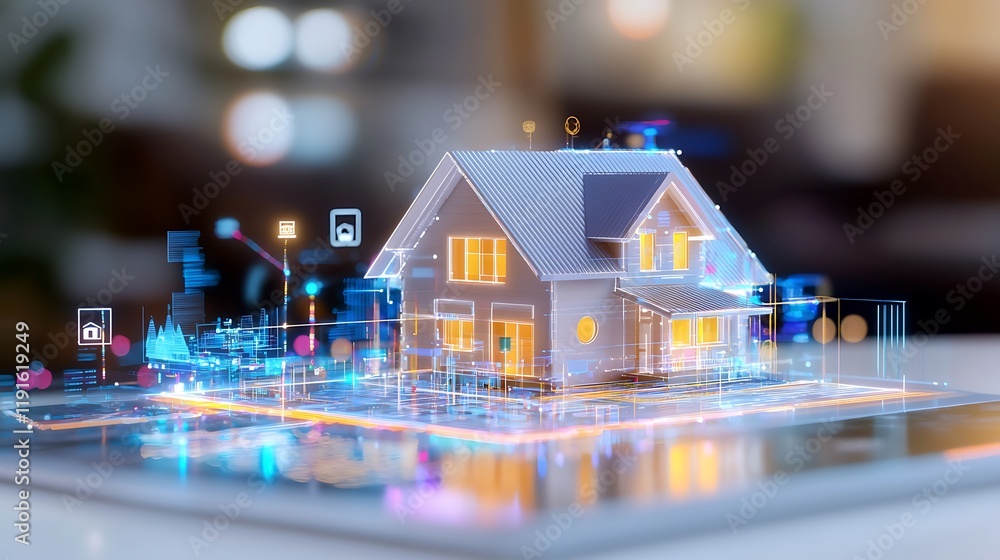 Poster smart home technology displayed on a tablet, showcasing automation and energy efficiency features.