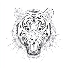 Roaring tiger head, intense gaze, white background, wildlife art, print design