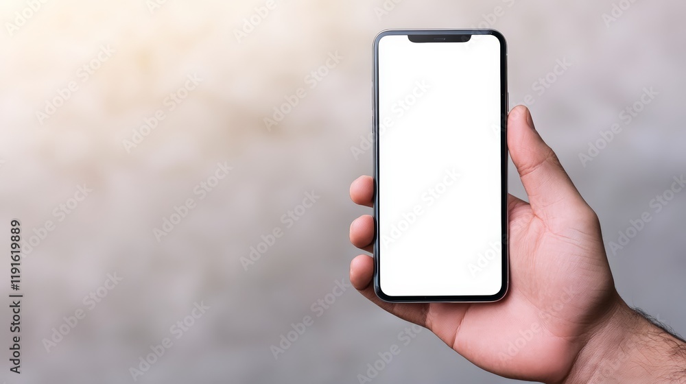 Poster close up of man's hand holding smartphone with blank white screen providing space for mockup design 