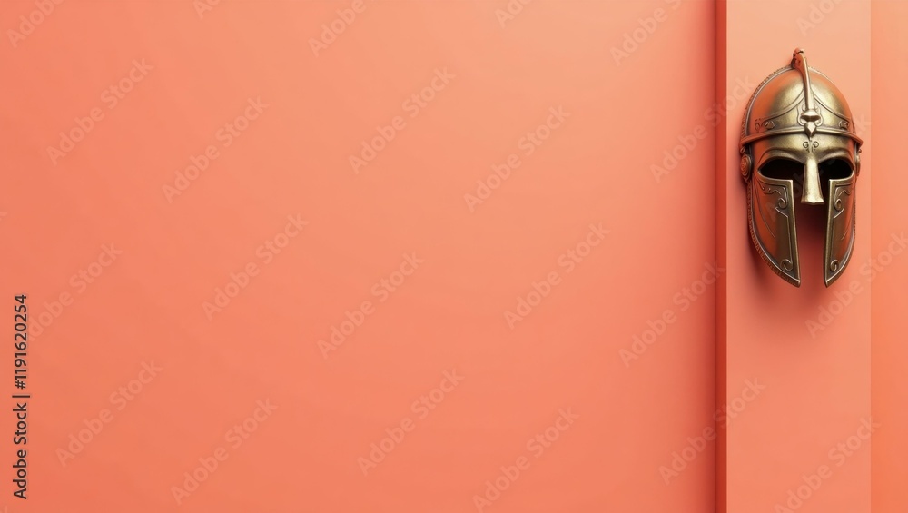 Poster antique bronze helmet on right. soft green background. copy space for text, 3d render ai generated d
