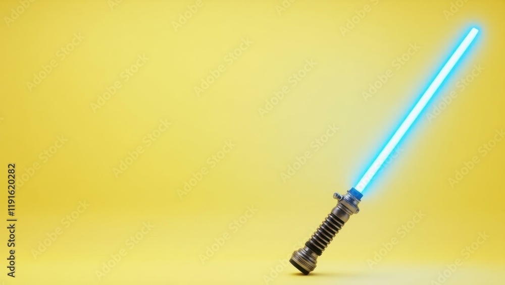 Poster blue lightsaber on right. soft yellow background. copy space for text, 3d render ai generated design