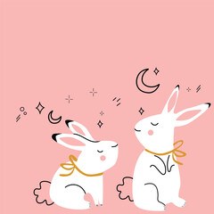 A minimalist illustration of two white rabbits with golden bows sitting on a pink background. The design includes simple line art of moons, stars, and sparkles, creating a dreamy and whimsical