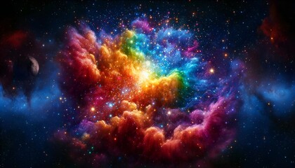 Vivid Cosmic Nebula Explosion ,Rainbow Galaxy with Starscaped ,Colorful Space Nebula View