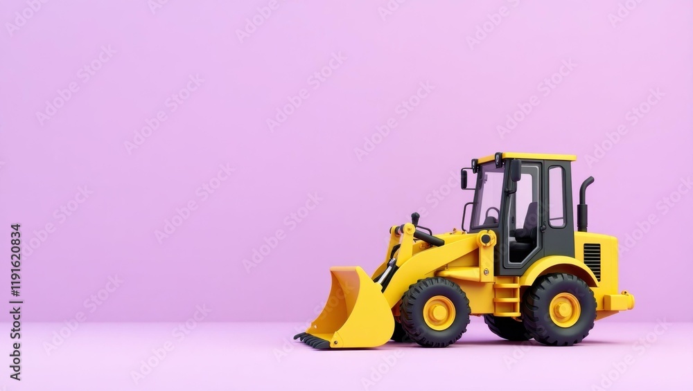 Poster yellow bulldozer on right. soft red background. copy space for text, 3d render ai generated designer