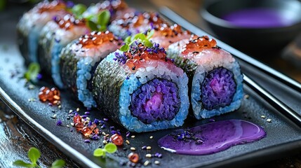 Vibrant blue and purple sushi rolls with garnish and sauce on black plate