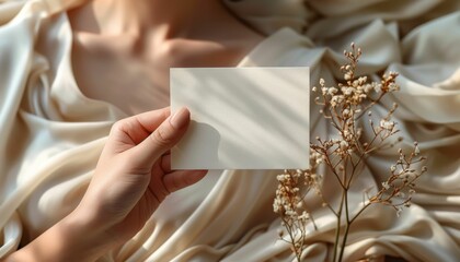 A hand holding a white card with a flower on it