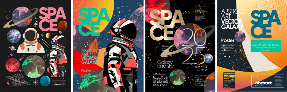 Futuristic vector space and astronaut illustrations with colorful planets, galaxies, and cosmic elements. Ideal for poster, background, or sci-fi design projects