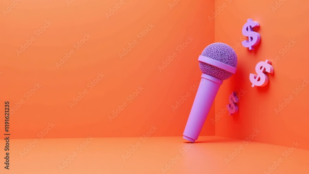 Poster neon purple microphone with dollar sign accents on left. soft red background. copy space for text, 3