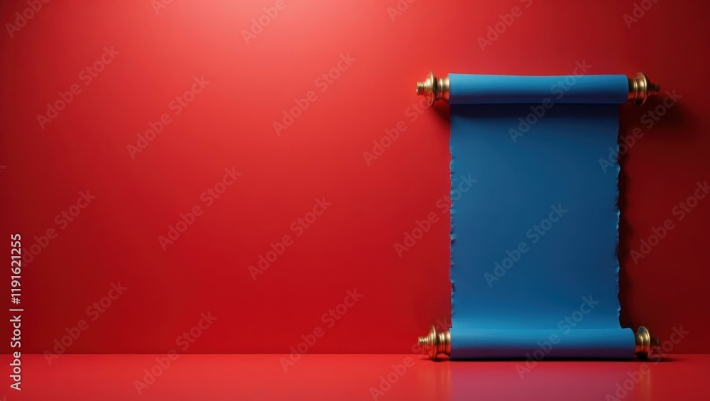 Poster rich blue ancient scroll on right. soft blue background. copy space for text, 3d render ai generated