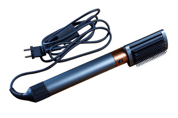 On wooden table there is branded device for creating hairstyle. Electric appliance for drying, combing and straightening hair, comb attachment. Isolated over white background