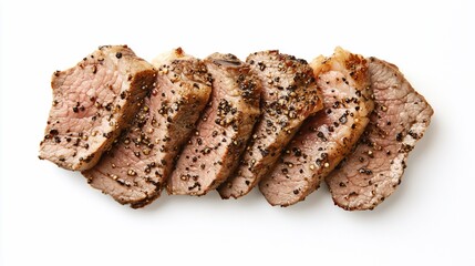 Sliced grilled pepper steak on white background.