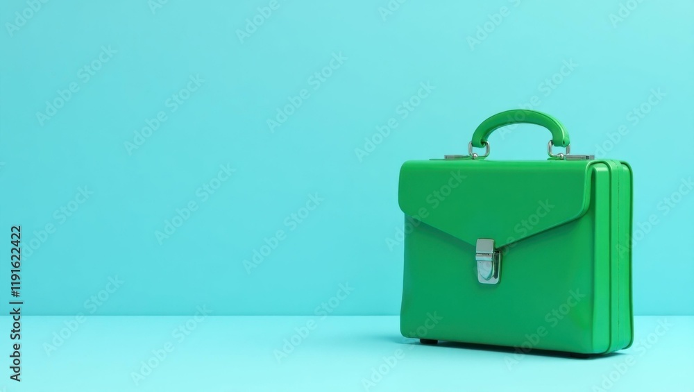 Poster emerald green briefcase on right. soft black background. copy space for text, 3d render ai generated