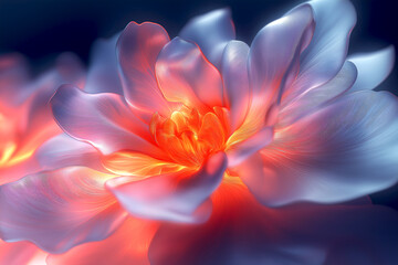 Luminous peony flower with glowing petals in an iridescent display at dusk. Big holographic peon flower petals in magical hues, peony flower sparkling glow