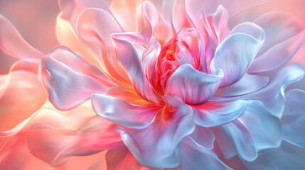 Vibrant holographic peony flower with luminous petals in shades of pink and blue glowing softly. Big luminous peon flower petals in magical hues, peony flower sparkling glow, pastel colors