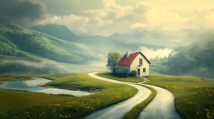 Artistic depiction of a house on a road labeled with financing options. Rivermist. Illustration