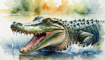 Obraz premium Vibrant watercolor illustration depicting a crocodile emerging from a river at sunrise showcasing wildlife in its natural habitat