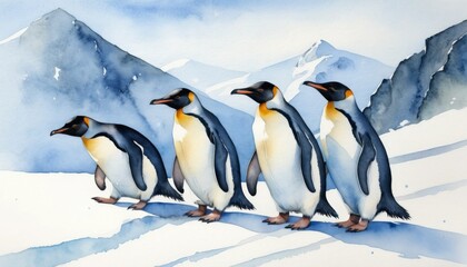 Fototapeta premium Watercolor illustration of penguins walking in Antarctica during the day beneath a clear blue sky