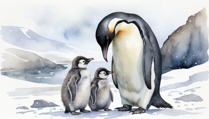 Watercolor illustration of penguins in Antarctica showcasing a parent penguin with two chicks during a sunny day in the icy landscape