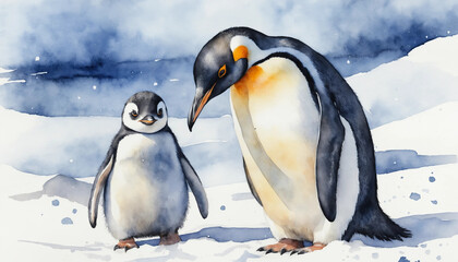Fototapeta premium Watercolor illustration of penguins interacting in Antarctica under a clear blue sky during the day