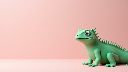 Fototapeta premium Emerald green jungle frog on right. Green plastic lizard toy on pink b