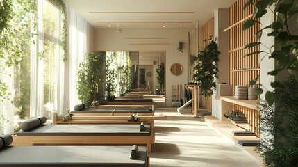Bright and spacious pilates studio with reformers and greenery. Rivermist. Illustration