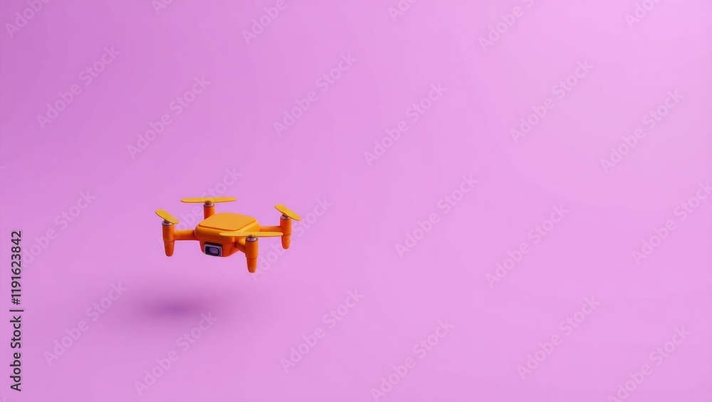 Poster orange drone hovering on left. soft white background. copy space for text, 3d render ai generated de