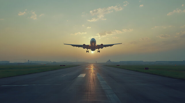 A commercial airliner lifts off from the runway, beginning its journey into the golden light of dawn