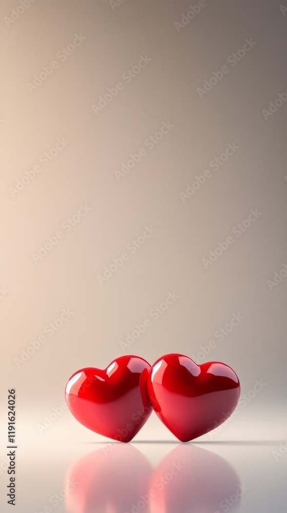 Aufkleber Two shiny red hearts are standing close to each other on a reflective surface, creating a romantic atmosphere perfect for valentine's day, anniversaries, or declarations of love