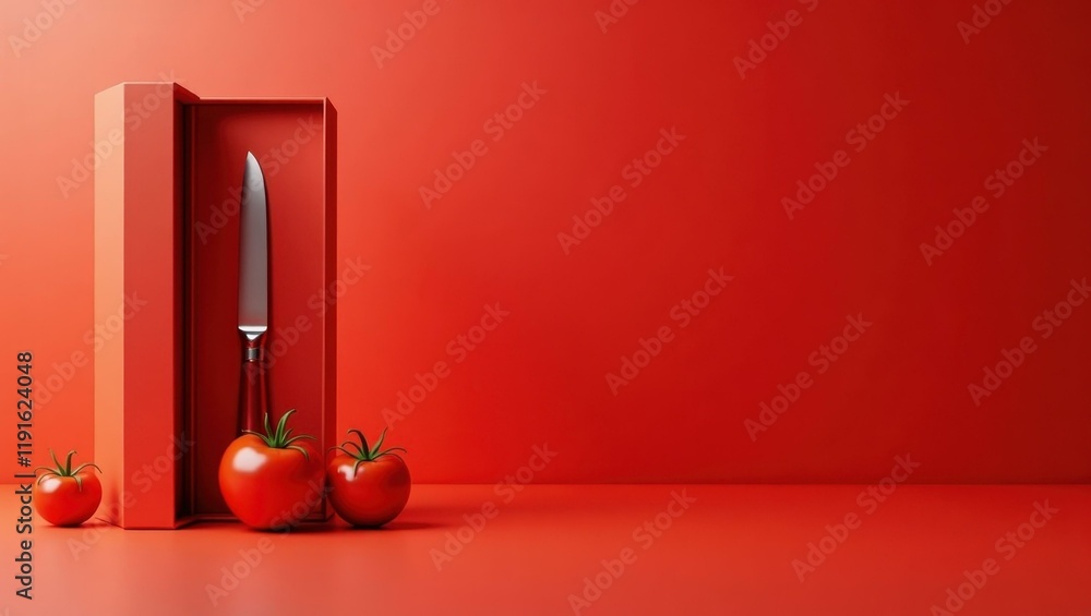 Poster tomato red unboxing knife on left. soft black background. copy space for text, 3d render ai generate