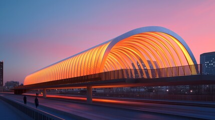 Obraz premium Conceptual Design of a Steel Bridge with Striking Orange Lighting at Sunset