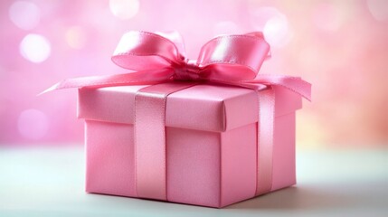 Obraz premium Pink gift box with satin ribbon on pastel background