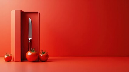Tomato red unboxing knife on left. Red tomatoes fresh whole knife cutt