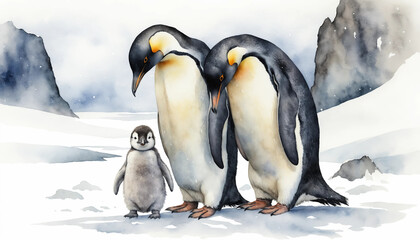 Watercolor illustration showcasing parent penguins and its chick in the frozen landscape of Antarctica interacting in their natural habitat during the day