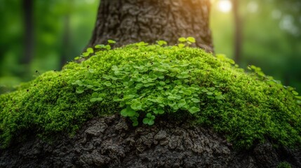 Lush green moss and clover grow atop a tree trunk