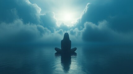 A woman is sitting in the water, looking up at the sky