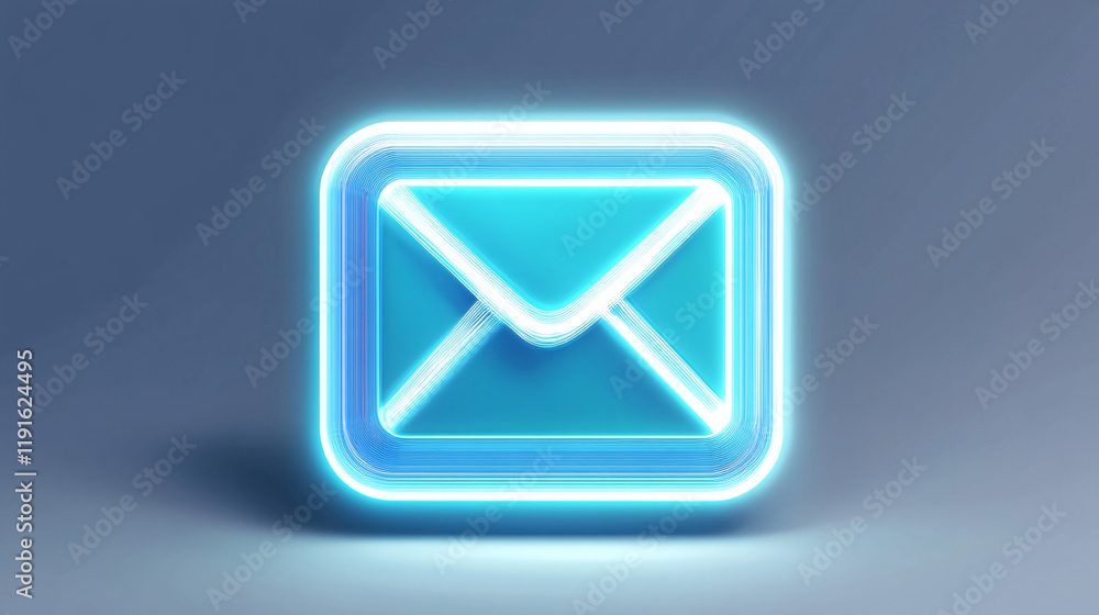 Poster a glowing blue envelope icon with a rounded neon frame on a soft gradient blue background
