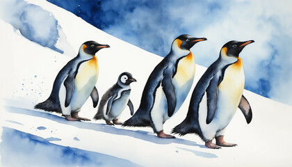 Fototapeta premium Colorful watercolor illustration capturing the journey of penguins navigating the snowy landscape of Antarctica during the bright daytime