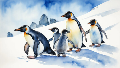 Fototapeta premium Impressive watercolor illustration depicting a group of penguins walking on the snow in Antarctica under a bright blue sky