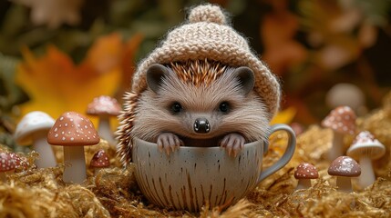 Obraz premium Adorable hedgehog in cozy hat nestled in autumnal woodland setting